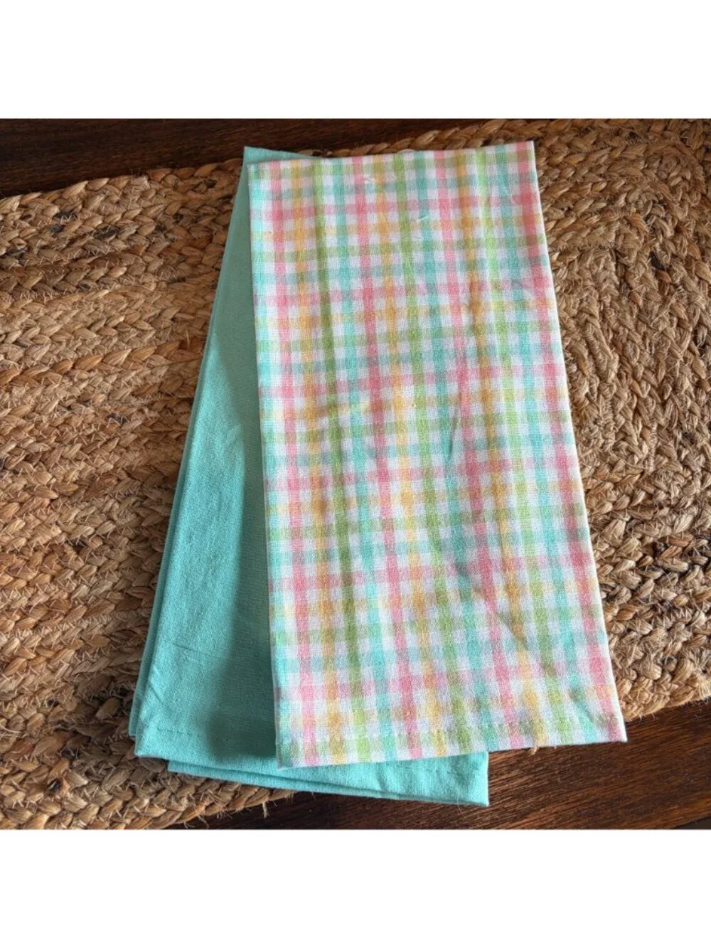 New Set of 4 Spring Easter Kitchen Towels Teal Aqua Plaid Bunny Rabbit Embroider
